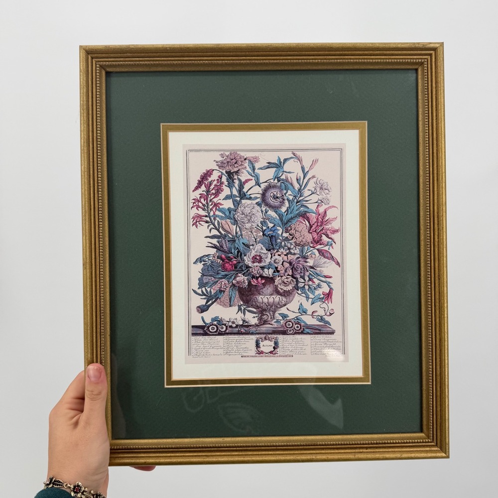 Vintage Autumn Botanical Floral Art Print Gold Frame Green Mat 12.5x15.5